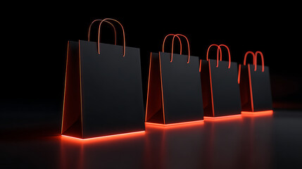 Sleek black shopping bags with vibrant neon orange glow, elegant design