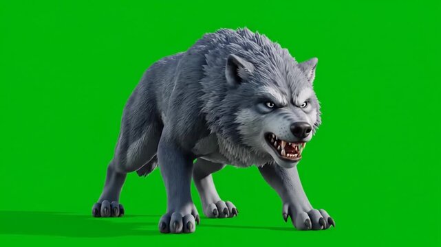 3d animated angry gray wolf growling on green screen ready for visual effects
