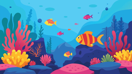 Obraz premium Vibrant underwater coral reef with colorful fish and aquatic plants vector illustration