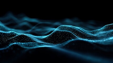 Abstract digital wave form, teal particles on dark background