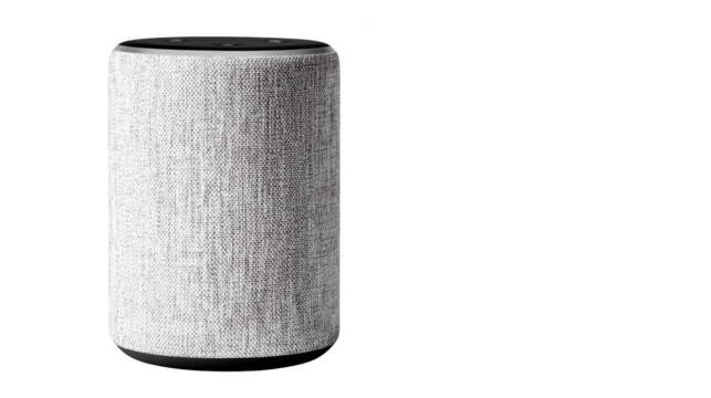 A modern white smart speaker with voice assistant technology featuring a minimalist and sleek design for a contemporary smart home providing high quality audio and wireless connectivity.