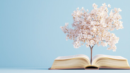 Minimalist vector illustration of a tree and flowers sprouting from an open Bible