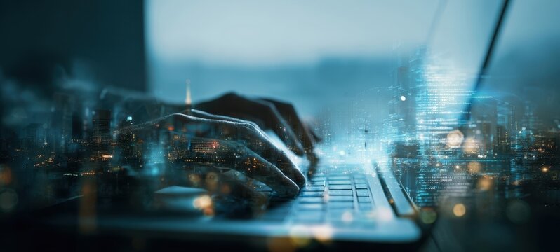 The hands typing on a laptop, surrounded by a digital urban landscape. - Powered by Adobe