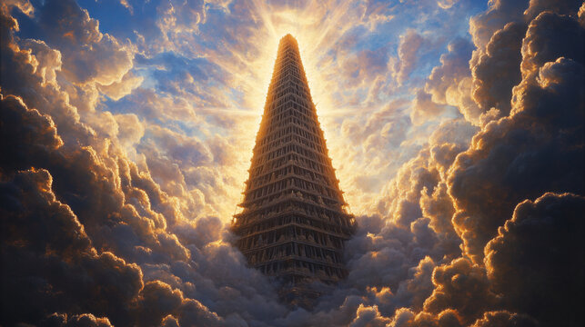 Oil painting of the Tower of Babel under construction, dramatic clouds
