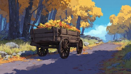 Obraz premium Autumnal wagon in a sunlit forest path