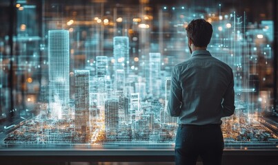 man looking at a digital city model, presented in the style of virtual and augmented reality with light teal and white tones. This represents the future of urban planning and digital, Generative AI