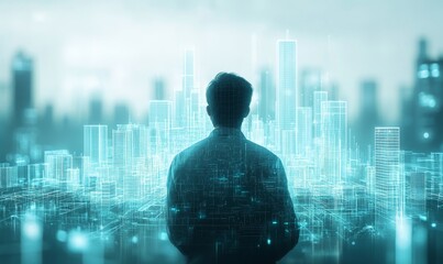 man looking at a digital city model, presented in the style of virtual and augmented reality with light teal and white tones. This represents the future of urban planning and digital, Generative AI