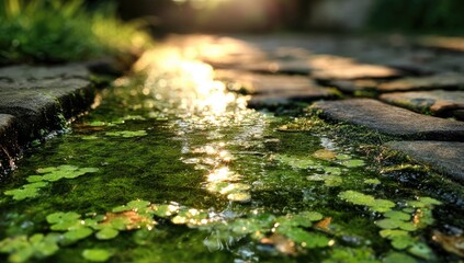 Sunlit streamlet in a cobblestone pathway, mossy banks