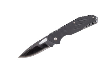 Black folding knife with extended blade on white background.