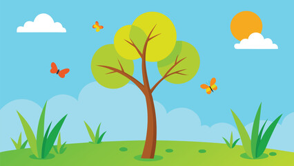 Vibrant sunny meadow with butterflies fluttering around a green tree illustration