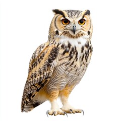 Fototapeta premium EAGLE-OWLED OWL, upright posture, against a plain white background. Feathers are a mix of brown, beige, and cream tones; noticeable yellow eyes and talons