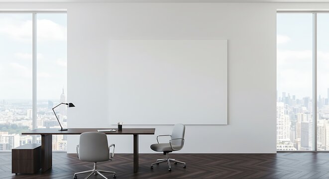 Modern office interior with a desk, chairs, and a blank canvas on the wall.