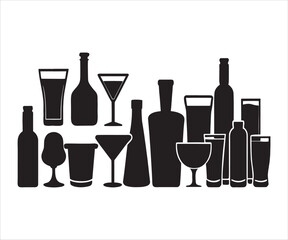 Collection of Liquor Bottles and Glasses Silhouette Illustration for Bar or Restaurant Menu Design Template Isolated on White Background