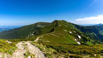Obraz premium Spectacular view of a mountain range with a hiking trail under a clear blue sky