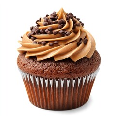 Chocolate cupcake with caramel frosting and chocolate chips