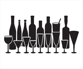 Elegant Black and White Silhouette of Wine Bottles and Glasses for Drink Related Designs and Events Perfect for Bars