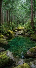 Lush forest stream with clear turquoise water