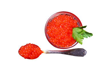 Red caviar on a spoon isolated