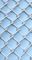 Naklejka premium Close-up of a light-blue,?geometric chain-link fence.?White?cables?form a grid pattern,?intersecting at?silver metal?rings