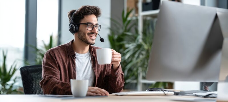 The young man enjoying coffee while working with a headset in a modern office.