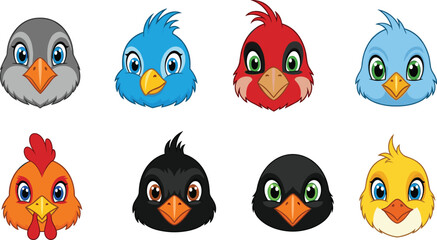 Cartoon bird faces, colorful, cute, vector illustration, parrot, chicken, crow, canary, animal icon set, kids, wildlife, mascot, clipart collection ©  Creative Crafter