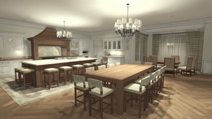 Fototapeta premium A spacious, well-lit interior showcases a modern kitchen and dining area with seating for many