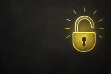 Chalk drawing of unlocked padlock on blackboard with copy space symbolizing freedom, access, and security. With wide empty copy space for text or branding. In yellow color.