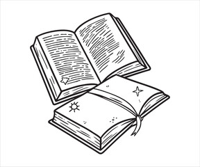 Hand Drawn Illustration of Stacked Open Books with Drawings Symbolizing Knowledge and Imagination for Education and Learning Concepts