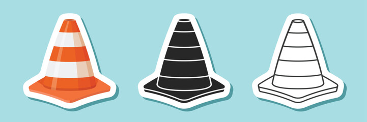 Traffic cone sticker icon set collection in flat style. Safety obstacle vector illustration on isolated background. Construction barrier sign business concept.