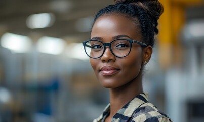 close-up image of a South African female executive walking proudly through a factory powered by alternative energy, showcasing leadership and sustainability, Generative AI