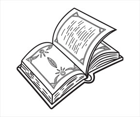 Open Book Illustration with Decorative Elements for Education and Creative Projects Hand Drawn Style Black and White Artwork