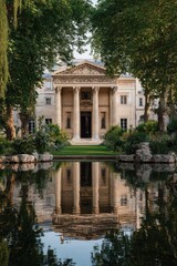 Elegant building reflected in tranquil pond. Lush trees frame stately facade