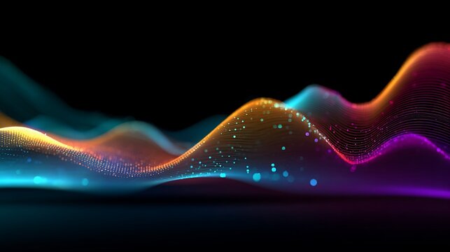 Abstract digital wave pattern with vibrant colors and glowing particles