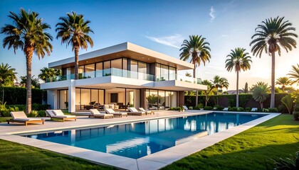 Fototapeta premium Sophisticated modern villa showcasing a luxurious pool and tropical landscape setting