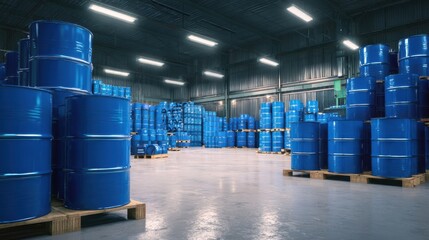 The organized blue barrels stacked in an industrial warehouse facility