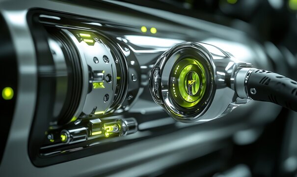 Close-up of an electric vehicle charger plug handle being attached to an EVs port, recharging the battery at a clean energy station. The image highlights sustainable transportation, Generative AI