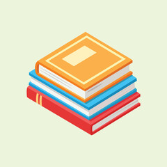 Illustration of a stack of colorful books with orange, blue, and red covers in flat design style, symbolizing education, knowledge, and literacy.