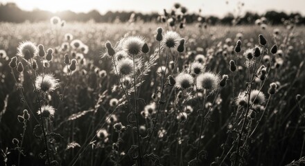 Photo of monochrome closeup of delicate wildflowers with soft sunlight illuminating their seed heads in a tranquil meadow at dawn, creating a serene and ethereal atmosphere