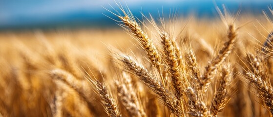 Fototapeta premium The golden wheat swaying gently in the summer breeze under a clear blue sky.