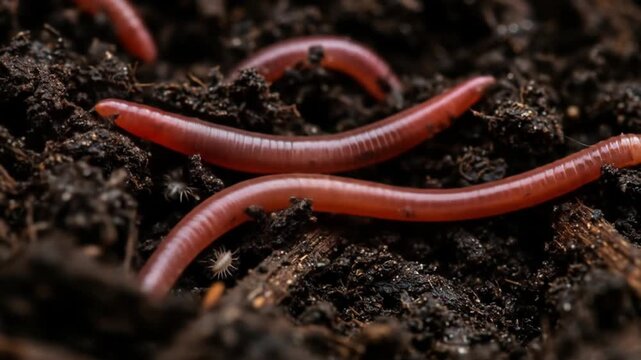 A close up shot of multiple earthworms crawling on the dark moist soil surface