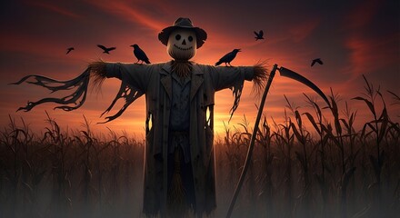 Eerie Scarecrow in a Cornfield at Dusk with Crows Overhead, a Spooky Autumn Harvest Scene