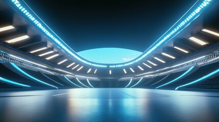 Naklejka premium Futuristic stadium arena illuminated with vibrant neon lights creating a spectacle