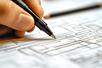 photo of a hand drawing a website concept on paper with a black pen. The focus is on the design process, with the hand creating a simple yet effective visual structure, Generative AI