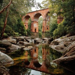 Red brick arch bridge reflected in a still creek, nestled within a lush green forest
