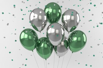 Silver and green balloons with confetti on white background