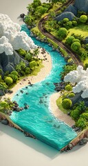 Island paradise, 3D miniature.  A stylized, miniature, 3D  representation of a tropical island. A winding river flows to a beach with soft sand and turquoise water. Lush vegetation, palm trees,
