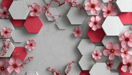 Abstract floral design with hexagons.  Pink cherry blossoms adorn a geometric pattern of white and red hexagons on a light gray textured background