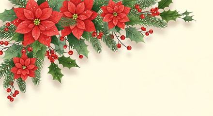Festive christmas corner decoration with vibrant red poinsettias green fir branches and red berries on a cream background