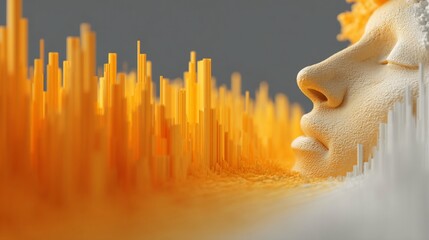 Abstract face profile emerges from pixelated landscape, colored orange and white