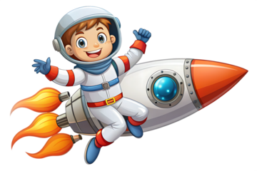 cartoon child in spacesuit riding a rocket on white background
,PNG.AI Generated.
